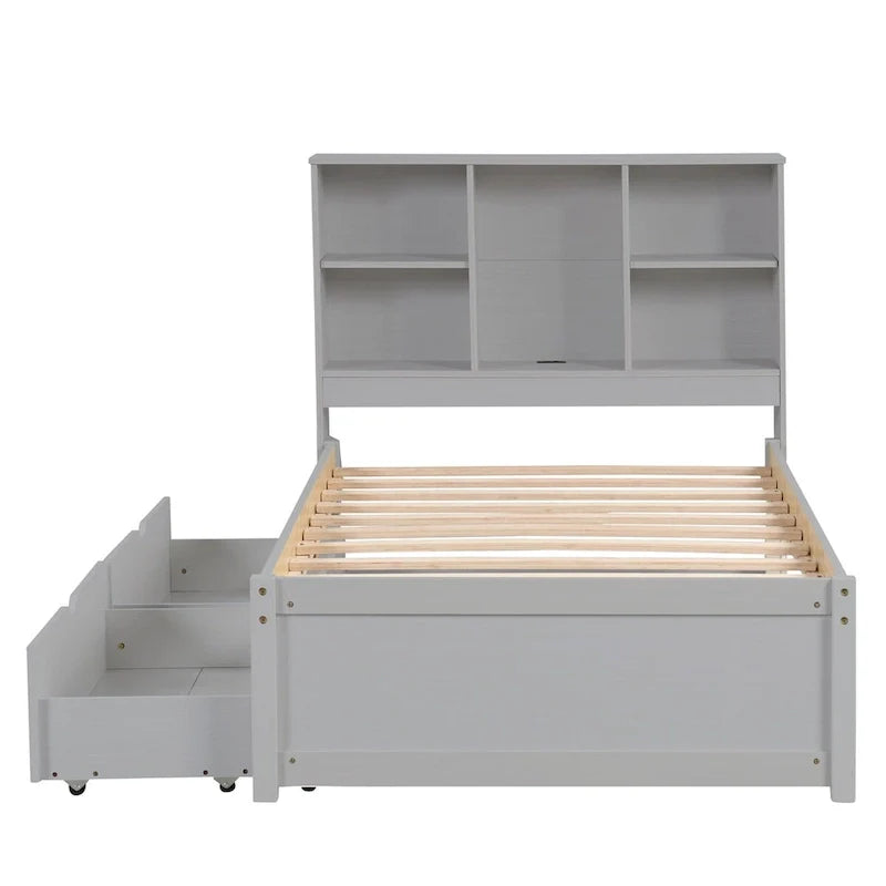Contemporary Twin Bed Frame with USB Charging Port, Bookcase Headboard, and Dual Drawers for Bedroom or Living Room 23