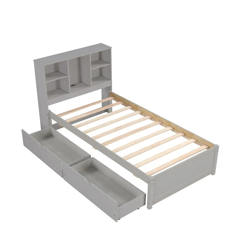 Contemporary Twin Bed Frame with USB Charging Port, Bookcase Headboard, and Dual Drawers for Bedroom or Living Room 24