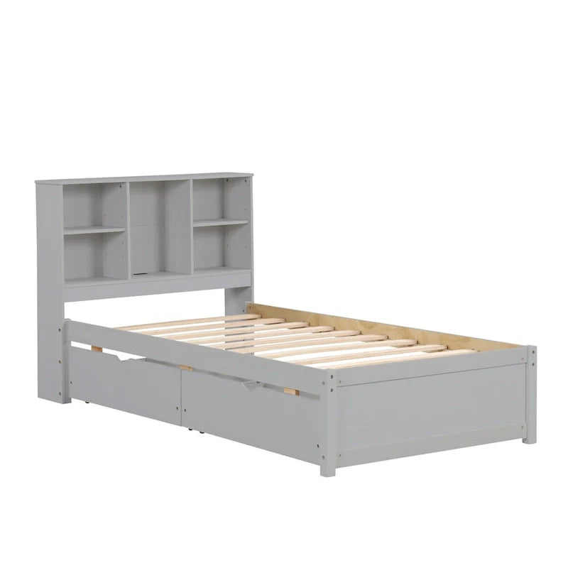 Contemporary Twin Bed Frame with USB Charging Port, Bookcase Headboard, and Dual Drawers for Bedroom or Living Room 25