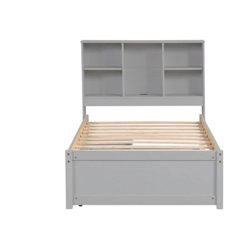 Contemporary Twin Bed Frame with USB Charging Port, Bookcase Headboard, and Dual Drawers for Bedroom or Living Room 26
