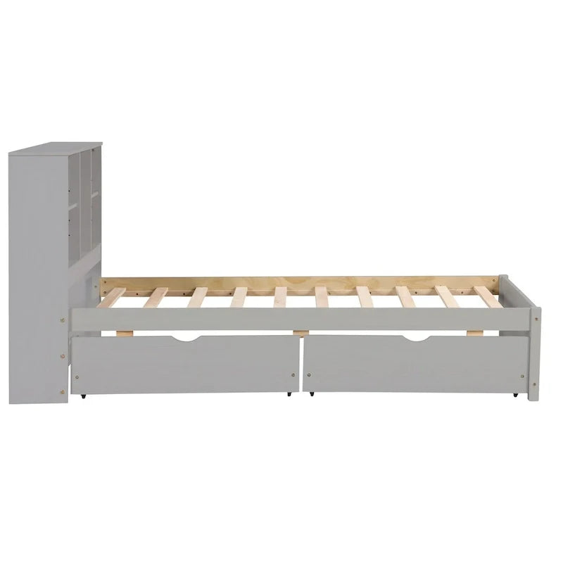 Contemporary Twin Bed Frame with USB Charging Port, Bookcase Headboard, and Dual Drawers for Bedroom or Living Room 27