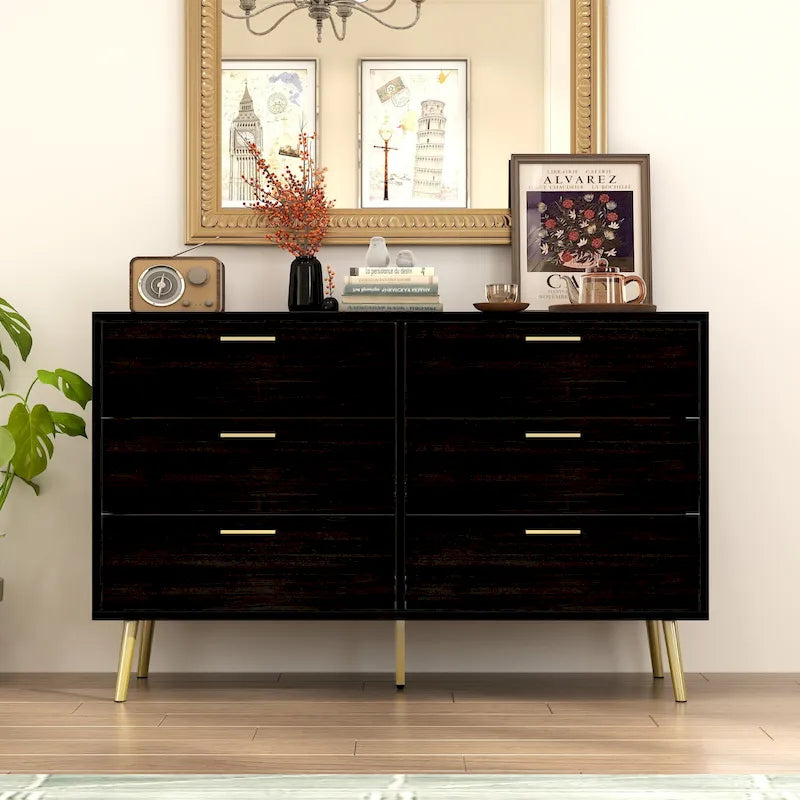 Elegant 6-Drawer Double Dresser with Gold Accents for Stylish Bedroom Storage 17