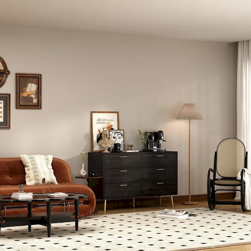 Elegant 6-Drawer Double Dresser with Gold Accents for Stylish Bedroom Storage 1