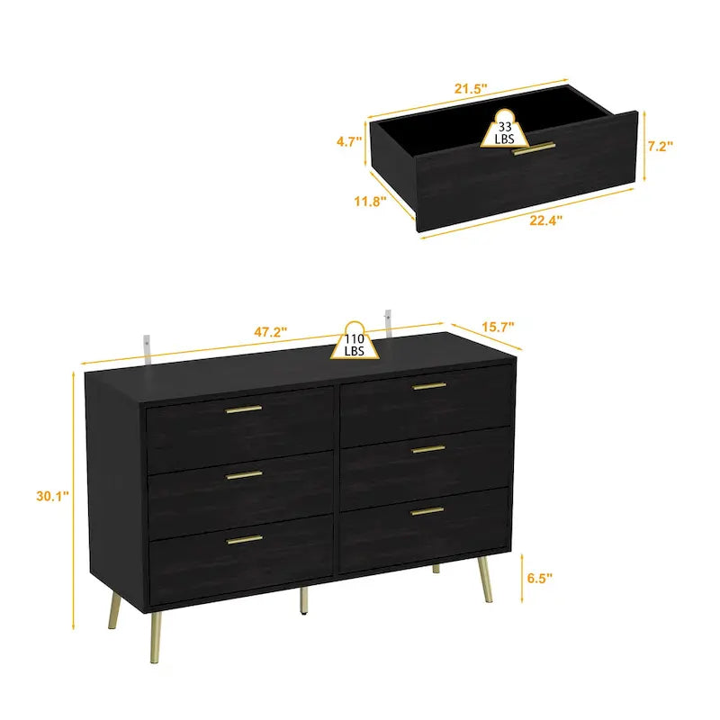 Elegant 6-Drawer Double Dresser with Gold Accents for Stylish Bedroom Storage 2