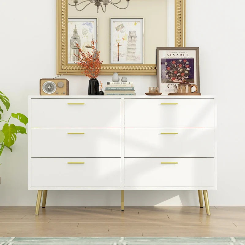 Elegant 6-Drawer Double Dresser with Gold Accents for Stylish Bedroom Storage 4