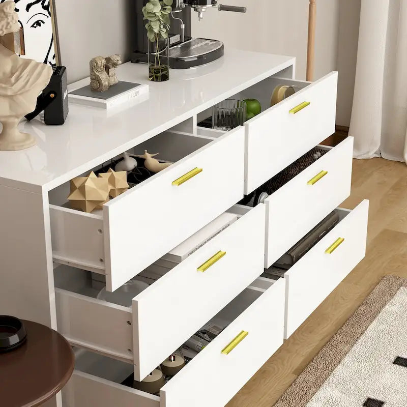 Elegant 6-Drawer Double Dresser with Gold Accents for Stylish Bedroom Storage 11