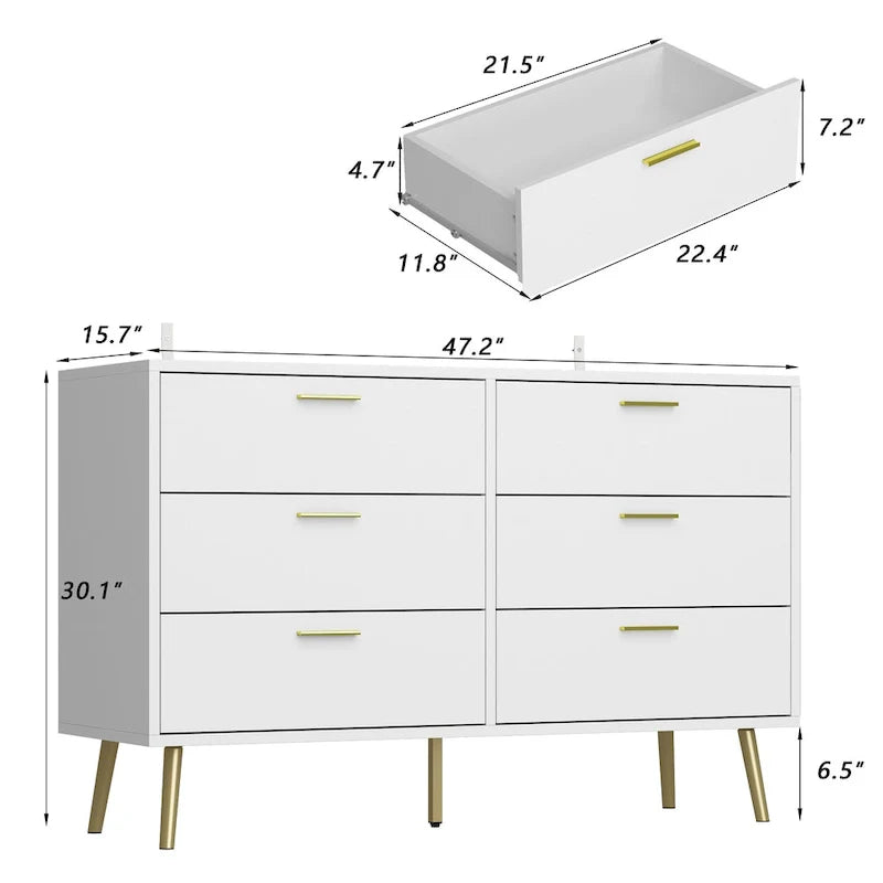 Elegant 6-Drawer Double Dresser with Gold Accents for Stylish Bedroom Storage 16