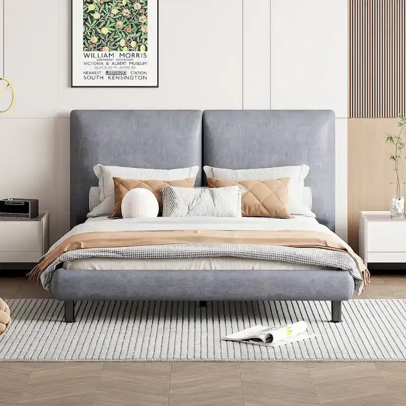 Queen Platform Bed with Dual Oversized Headrests 2