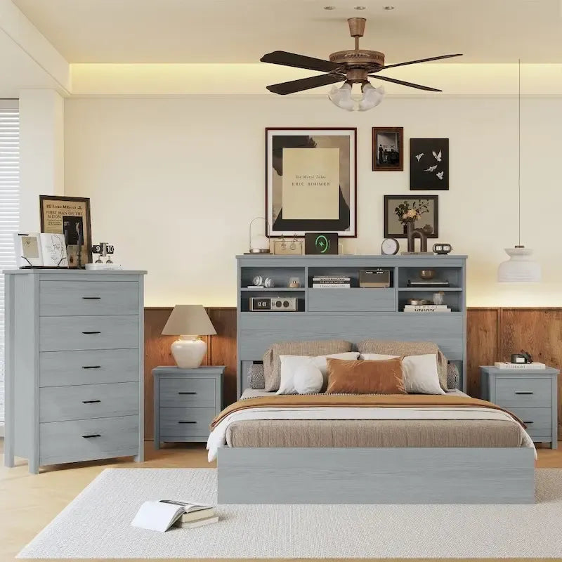 Vintage Queen Size Bedroom Set: 4-Piece Wooden Bed Frame with 2 Nightstands and 1 Dresser 13