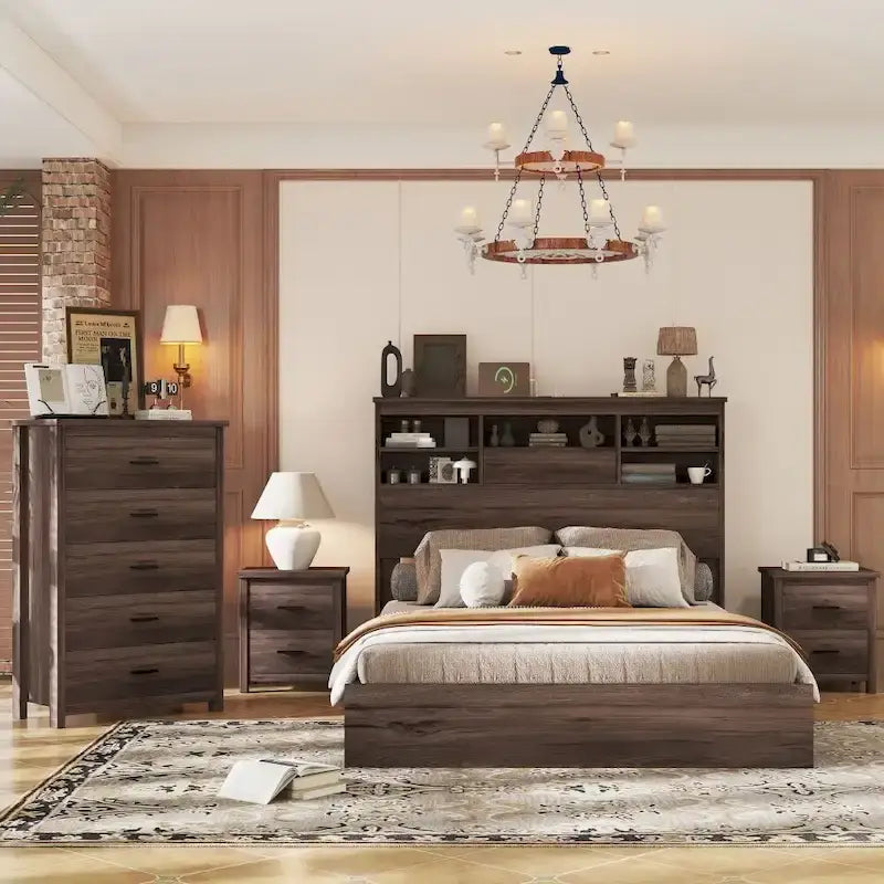 Vintage Queen Size Bedroom Set: 4-Piece Wooden Bed Frame with 2 Nightstands and 1 Dresser 1