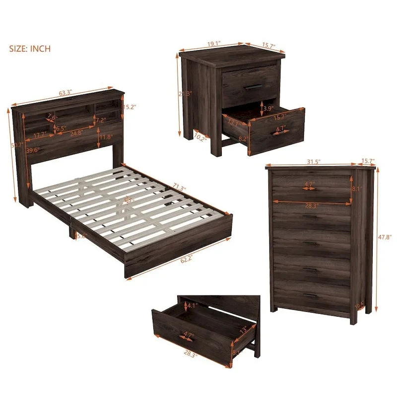 Vintage Queen Size Bedroom Set: 4-Piece Wooden Bed Frame with 2 Nightstands and 1 Dresser 2