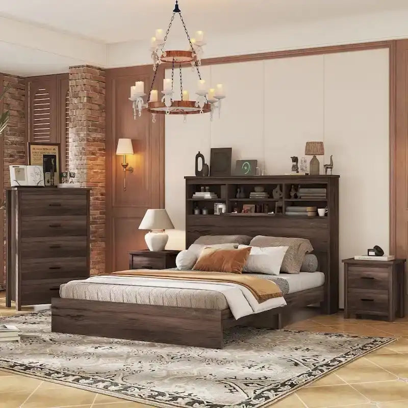 Vintage Queen Size Bedroom Set: 4-Piece Wooden Bed Frame with 2 Nightstands and 1 Dresser 3