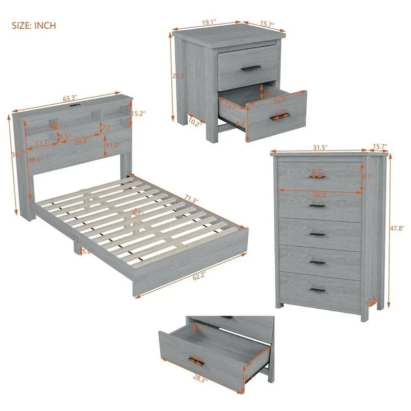 Vintage Queen Size Bedroom Set: 4-Piece Wooden Bed Frame with 2 Nightstands and 1 Dresser 8
