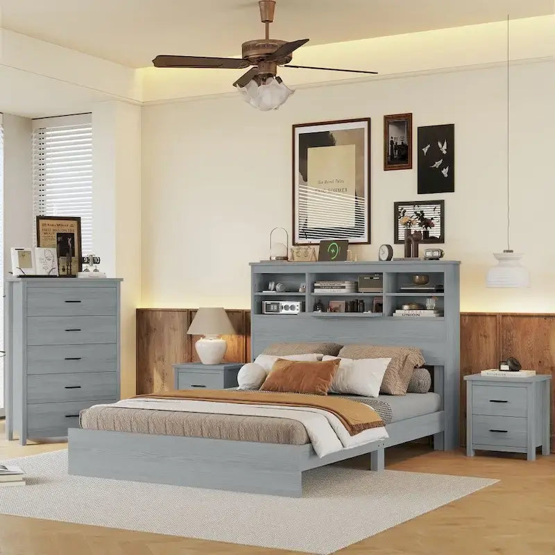 Vintage Queen Size Bedroom Set: 4-Piece Wooden Bed Frame with 2 Nightstands and 1 Dresser 9