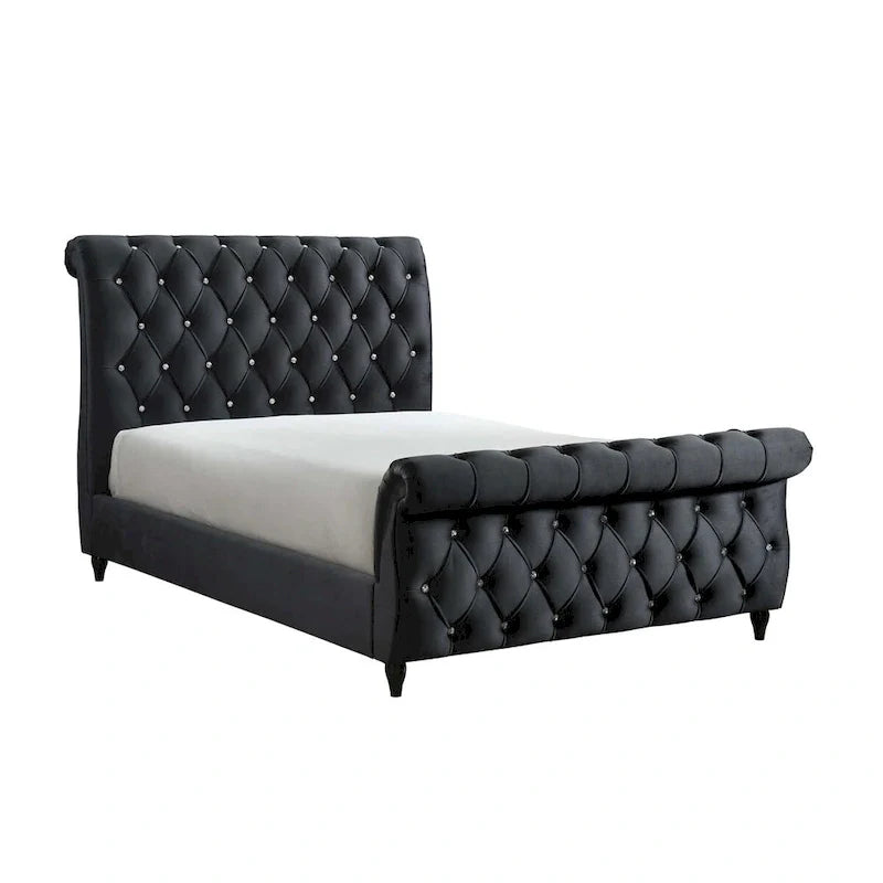 Ellowen Queen Bed with Diamond Tufted Black Upholstery and Panel Headboard 1