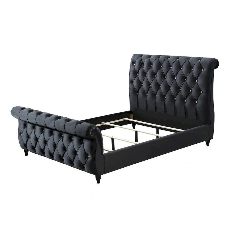 Ellowen Queen Bed with Diamond Tufted Black Upholstery and Panel Headboard 2