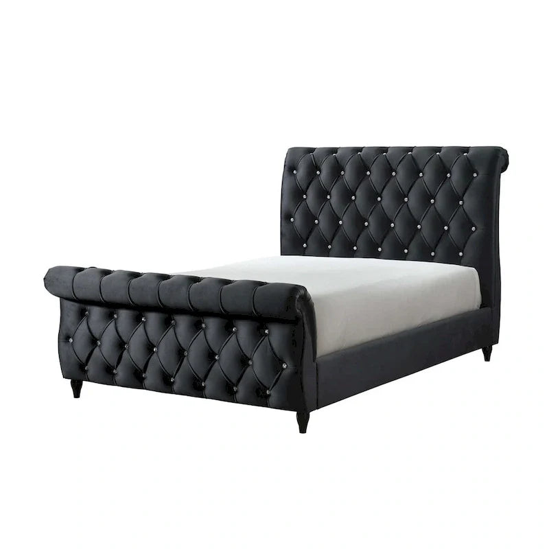 Ellowen Queen Bed with Diamond Tufted Black Upholstery and Panel Headboard 3