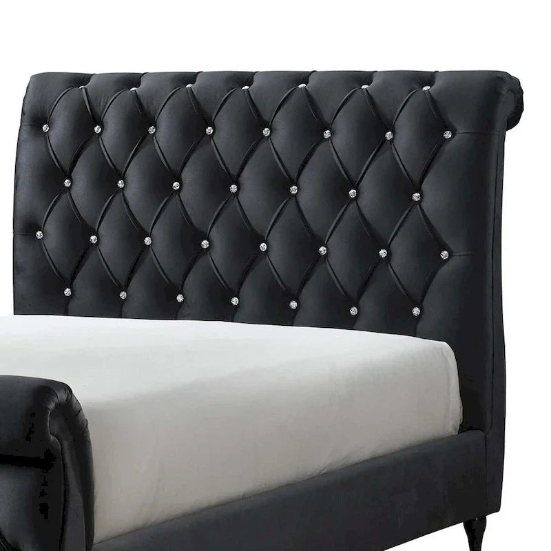 Ellowen Queen Bed with Diamond Tufted Black Upholstery and Panel Headboard 4
