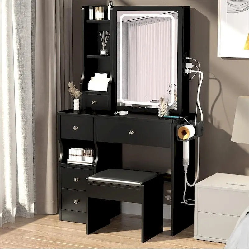 LED Mirror Makeup Vanity with Left Drawer, USB Charging Station, and Padded Stool 1