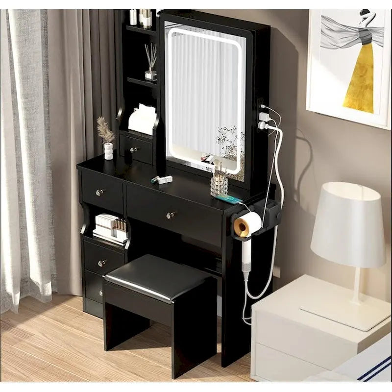 LED Mirror Makeup Vanity with Left Drawer, USB Charging Station, and Padded Stool 2