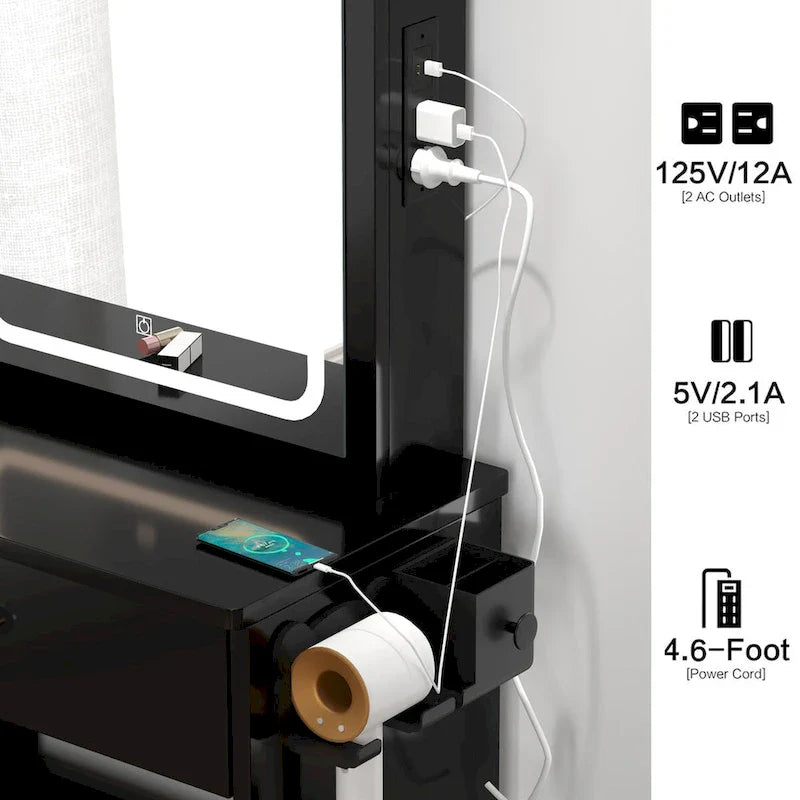 LED Mirror Makeup Vanity with Left Drawer, USB Charging Station, and Padded Stool 3