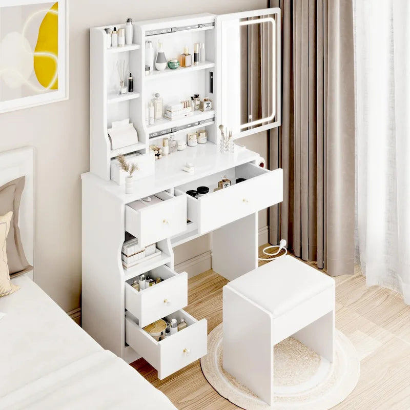 LED Mirror Makeup Vanity with Left Drawer, USB Charging Station, and Padded Stool 4