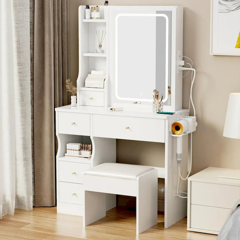 LED Mirror Makeup Vanity with Left Drawer, USB Charging Station, and Padded Stool 5