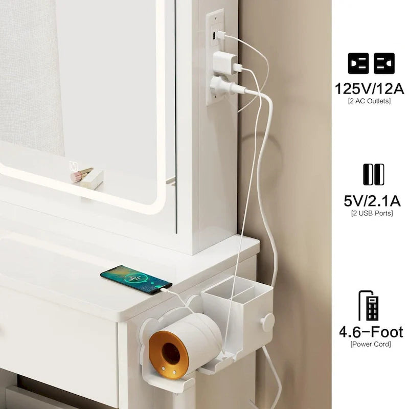 LED Mirror Makeup Vanity with Left Drawer, USB Charging Station, and Padded Stool 6