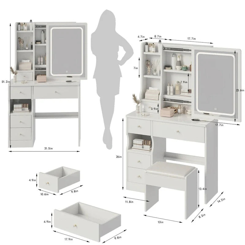 LED Mirror Makeup Vanity with Left Drawer, USB Charging Station, and Padded Stool 7