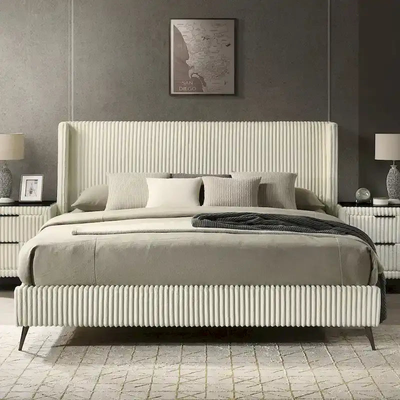 Roundhill Furniture Mavela King Size Panel Bed with Wide Wale Corduroy Upholstery 2