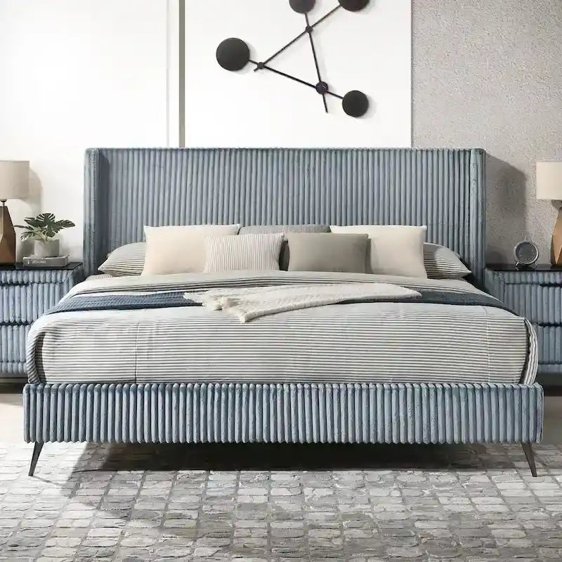 Roundhill Furniture Mavela King Size Panel Bed with Wide Wale Corduroy Upholstery 7