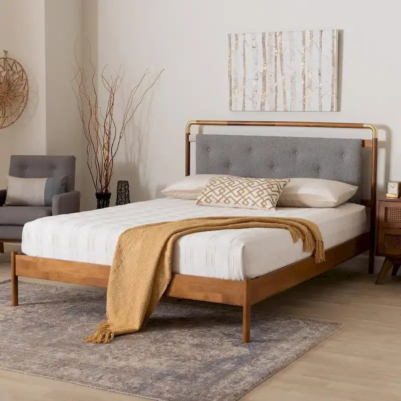 Edwina Queen Size Platform Bed in Light Grey Boucle Fabric with Walnut Brown Wood Accents 1