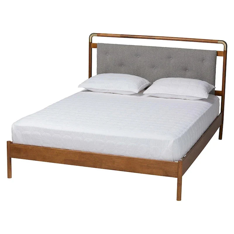Edwina Queen Size Platform Bed in Light Grey Boucle Fabric with Walnut Brown Wood Accents 2