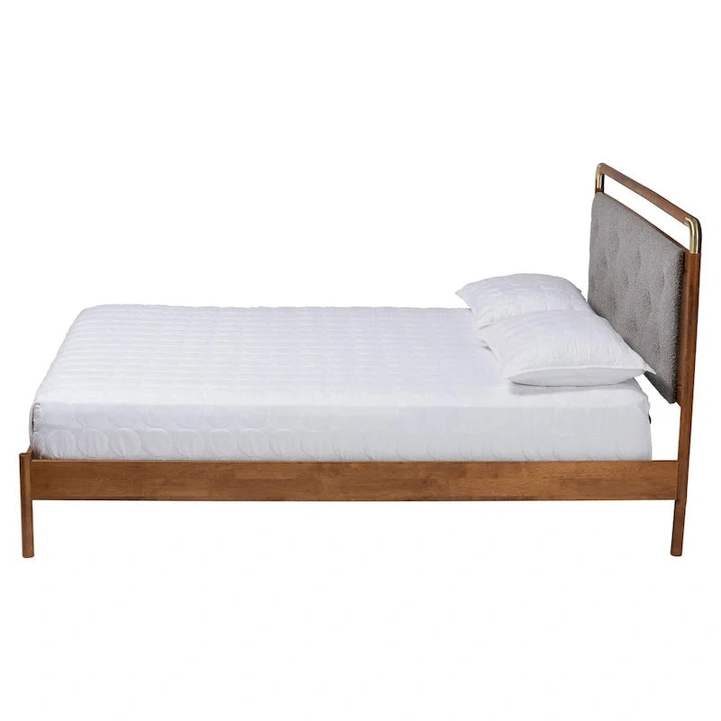 Edwina Queen Size Platform Bed in Light Grey Boucle Fabric with Walnut Brown Wood Accents 3