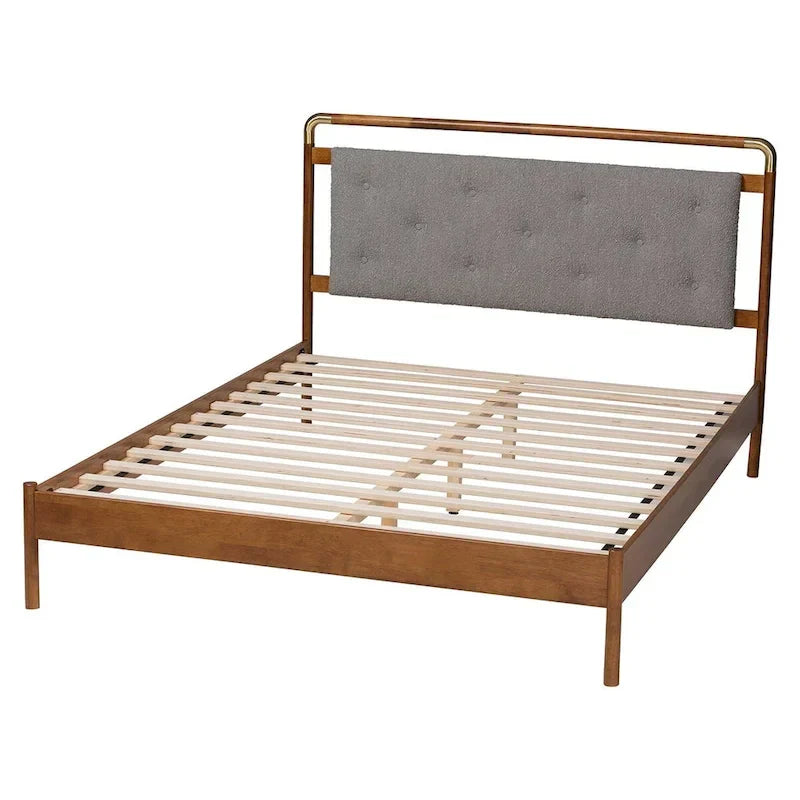 Edwina Queen Size Platform Bed in Light Grey Boucle Fabric with Walnut Brown Wood Accents 4