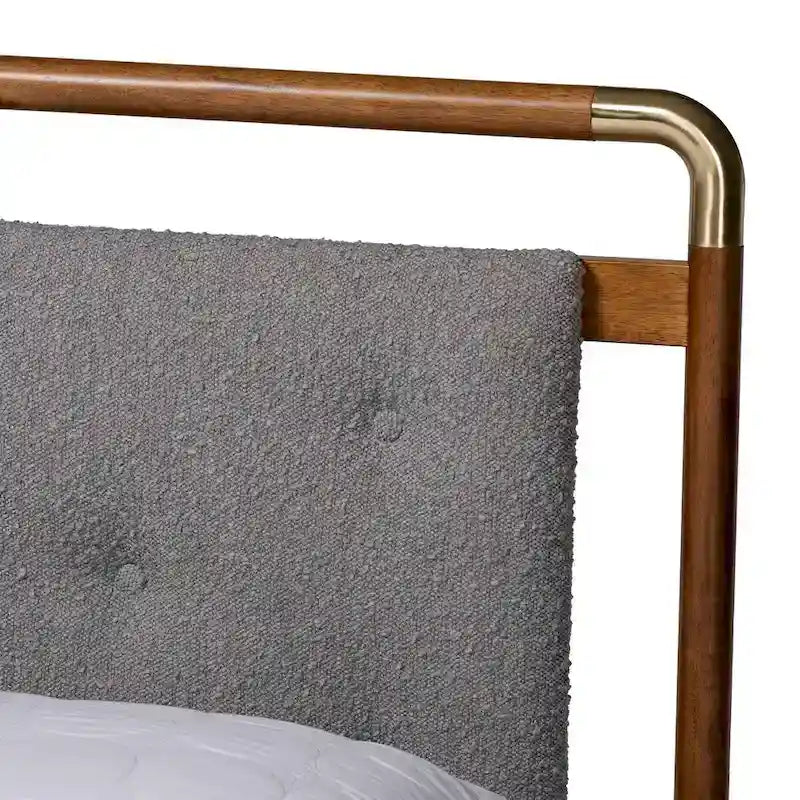 Edwina Queen Size Platform Bed in Light Grey Boucle Fabric with Walnut Brown Wood Accents 5
