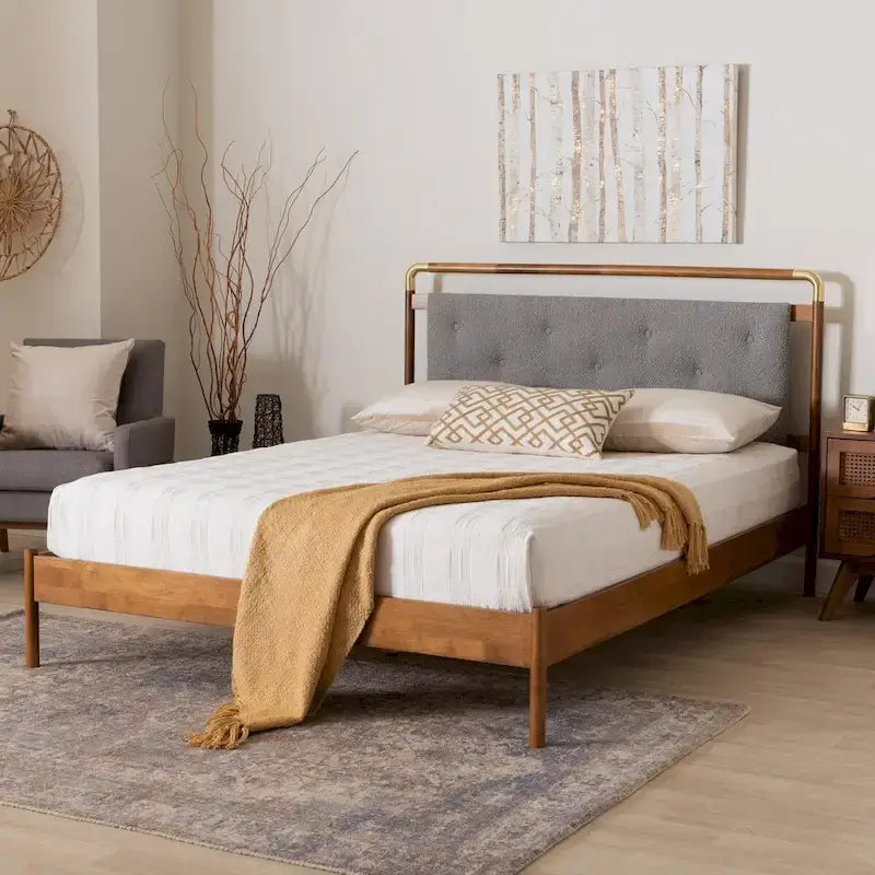 Edwina Queen Size Platform Bed in Light Grey Boucle Fabric with Walnut Brown Wood Accents 9
