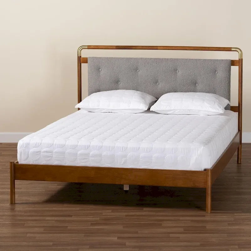 Edwina Queen Size Platform Bed in Light Grey Boucle Fabric with Walnut Brown Wood Accents 10