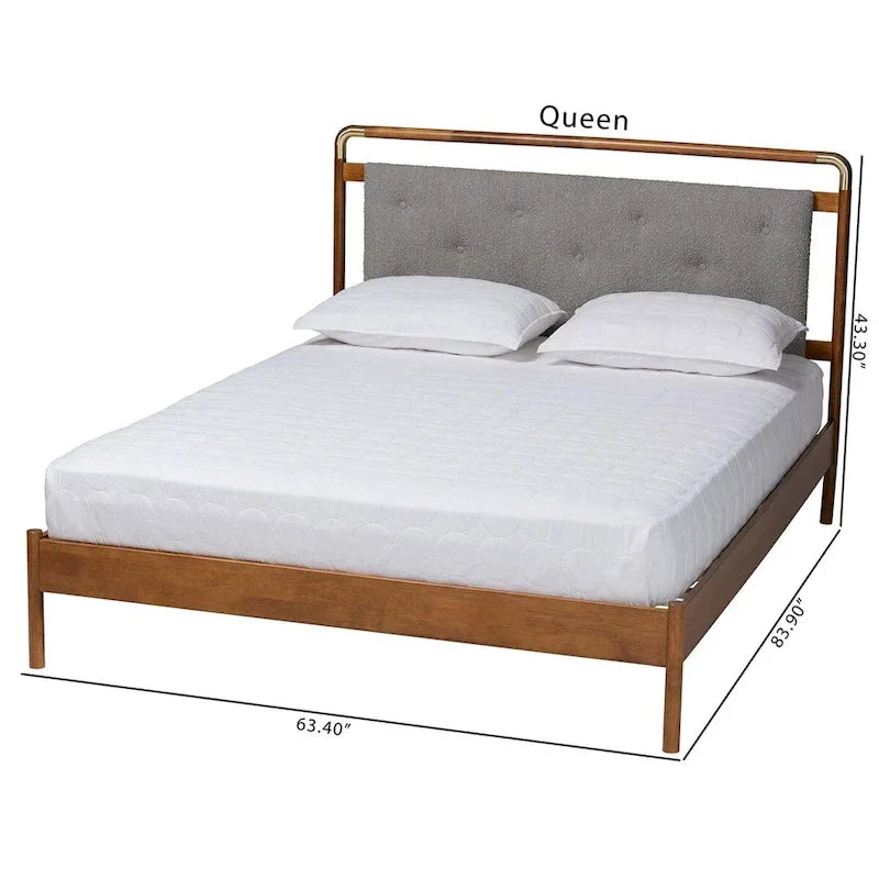 Edwina Queen Size Platform Bed in Light Grey Boucle Fabric with Walnut Brown Wood Accents 11