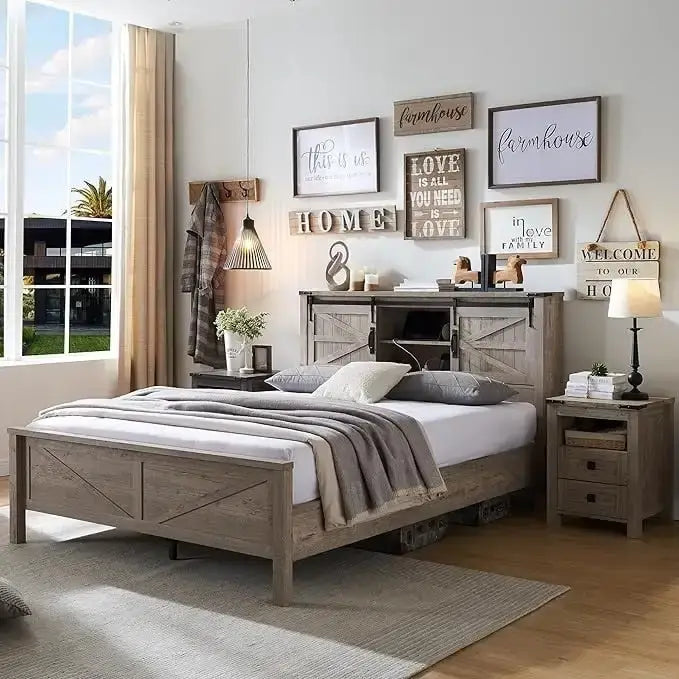 Farmhouse Platform Bed with Storage Headboard Sliding Doors and Charging Station 37
