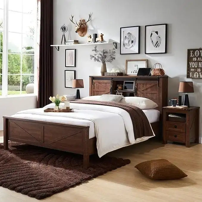 Farmhouse Full Bed Frame with Storage Shelves and Built-in Charging Station 38