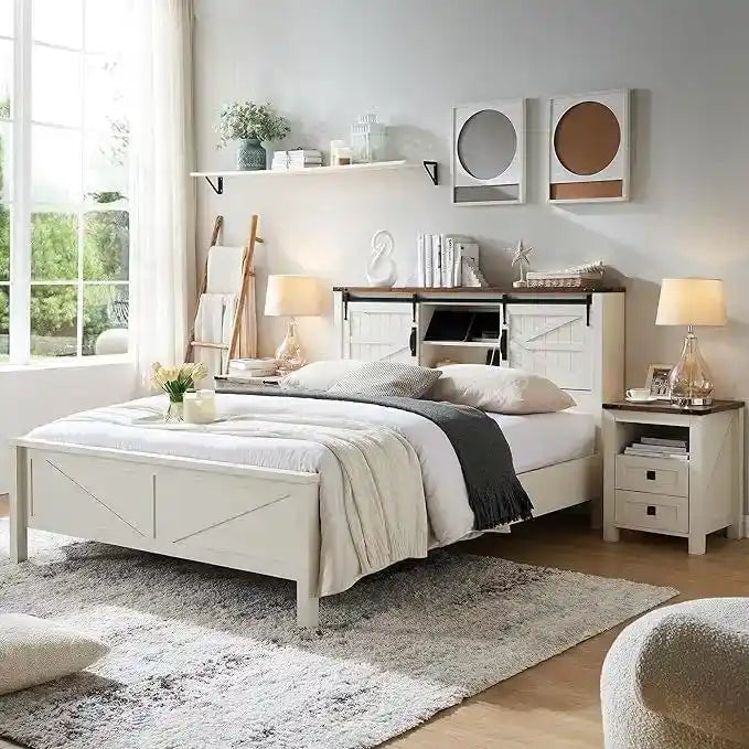 Farmhouse Full Bed Frame with Storage Shelves and Built-in Charging Station 39