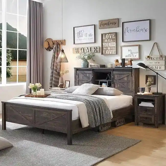 Farmhouse Platform Bed with Storage Headboard Sliding Doors and Charging Station 40