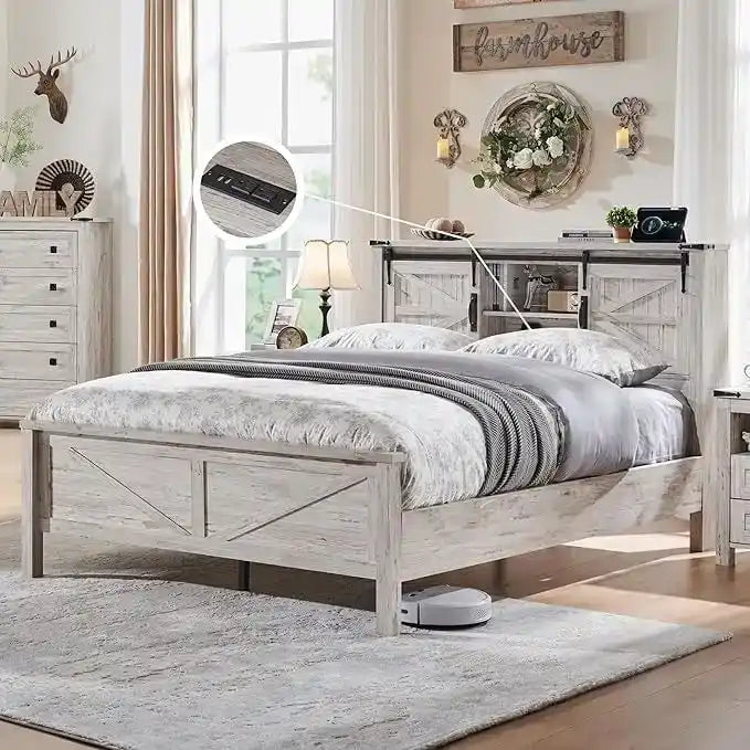 Farmhouse Full Bed Frame with Storage Shelves and Built-in Charging Station 41