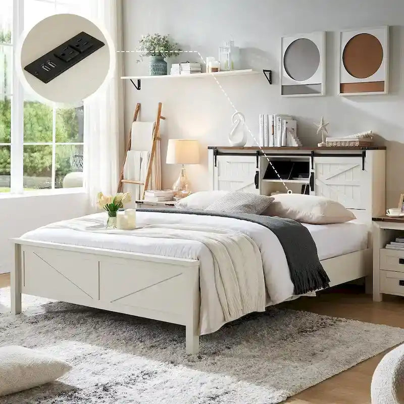 Farmhouse Full Bed Frame with Storage Shelves and Built-in Charging Station 1