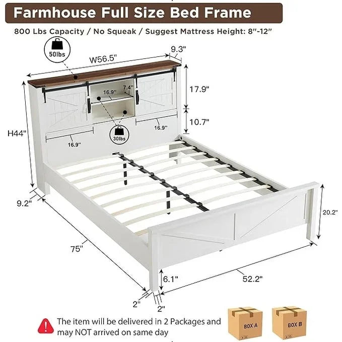 Farmhouse Full Bed Frame with Storage Shelves and Built-in Charging Station 2
