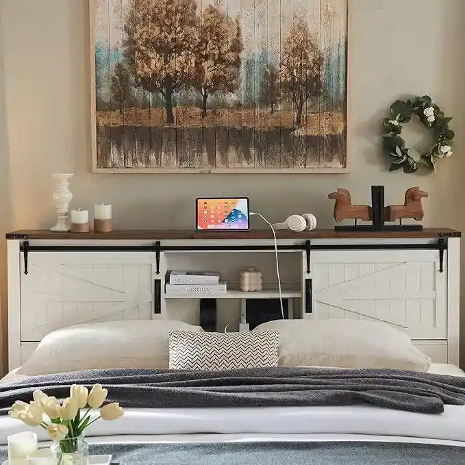 Farmhouse Full Bed Frame with Storage Shelves and Built-in Charging Station 3