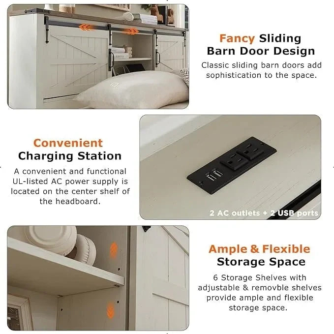 Farmhouse Full Bed Frame with Storage Shelves and Built-in Charging Station 4