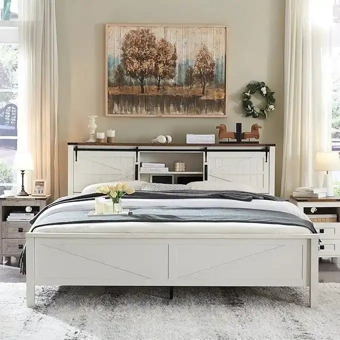 Farmhouse Full Bed Frame with Storage Shelves and Built-in Charging Station 6