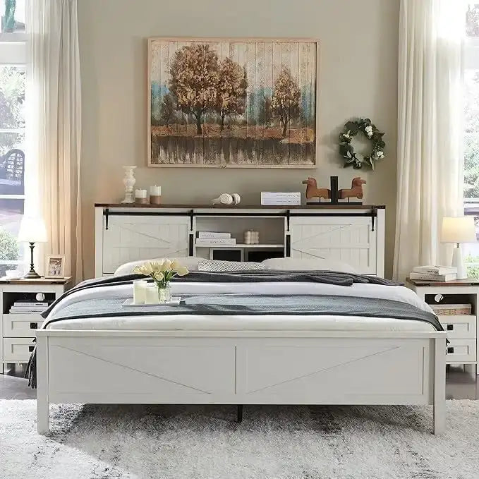 Farmhouse Platform Bed with Storage Headboard Sliding Doors and Charging Station 9